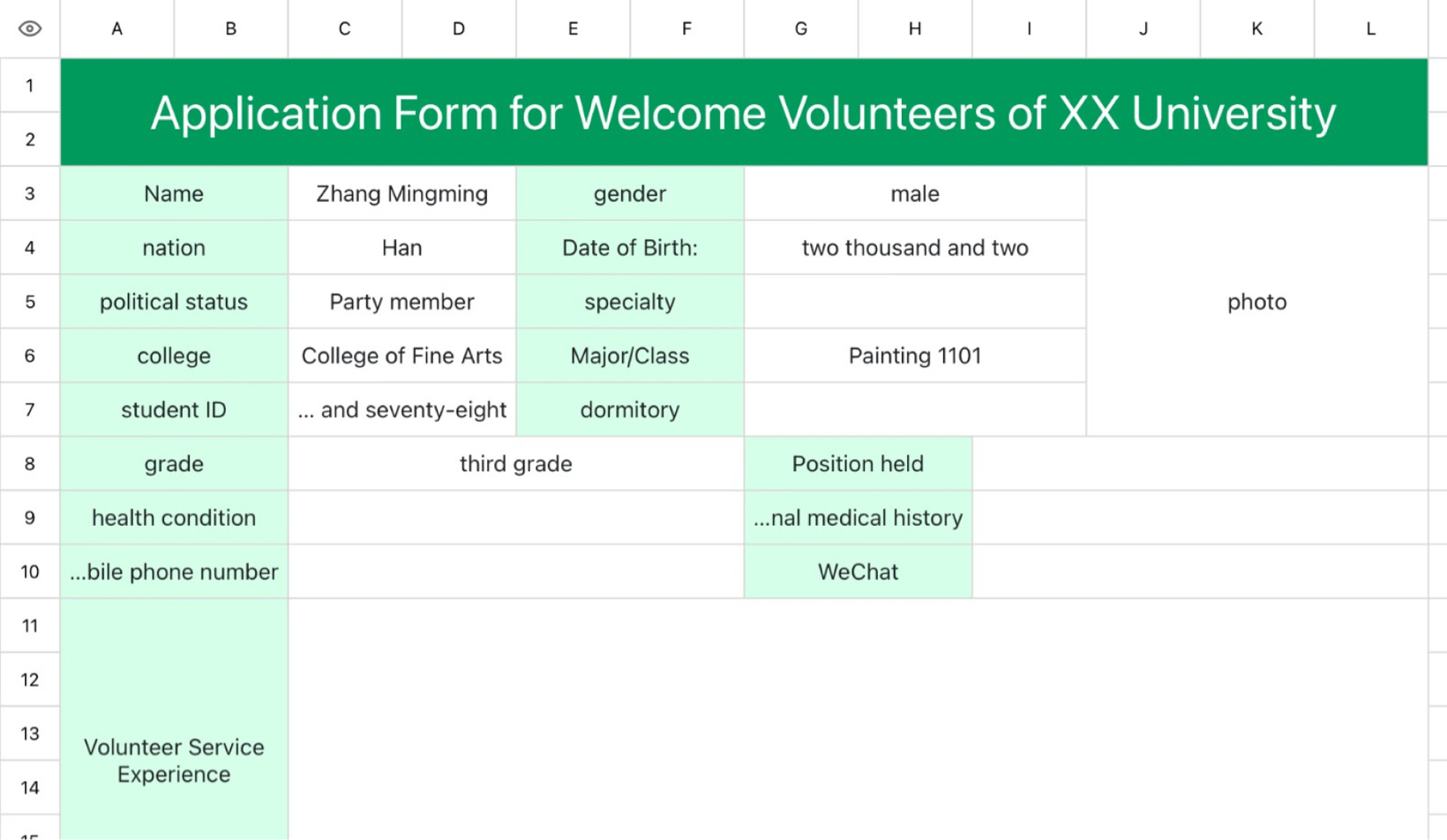Application Form for University Welcome Volunteers